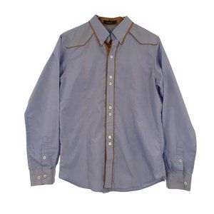 VSKA Mens Blue Button Front Long Sleeve Shirt,‎ Brown Trim XL, 39 chest